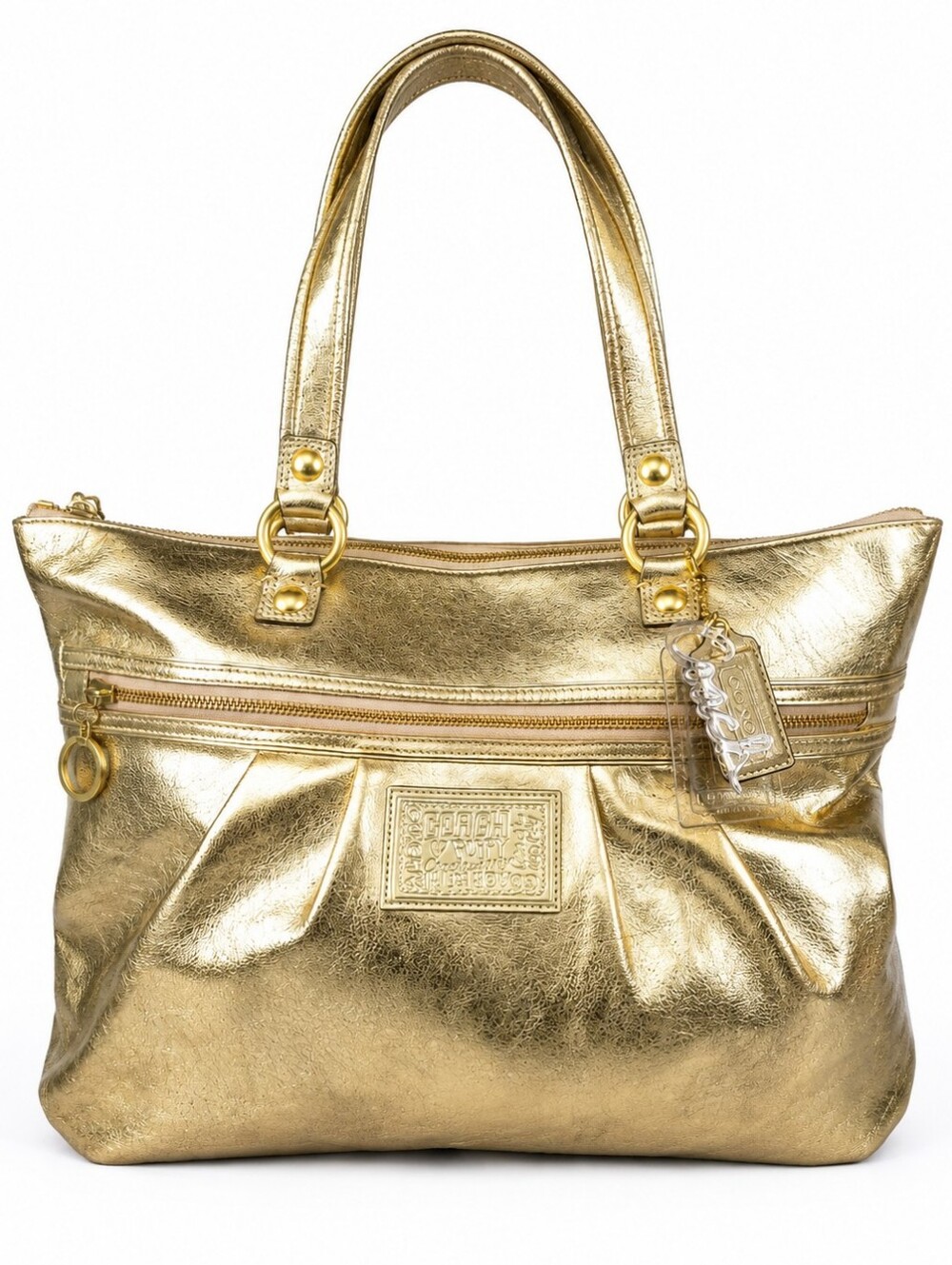 Coach Poppy Metallic Gold Leather Tote With Cursive Coach Charm